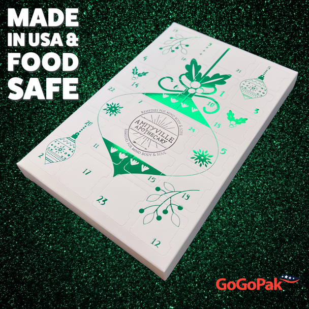 500 Printed Sets (Boxes & Trays) - Fillable (Empty) Custom Branded Advent Calendar Boxes Emerald Metallic Ornament Design