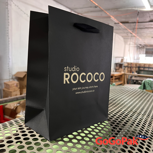 100 Bags - Black Custom Branded Eco Euro Paper Bags with Twill Handles 8 x 4 x 10