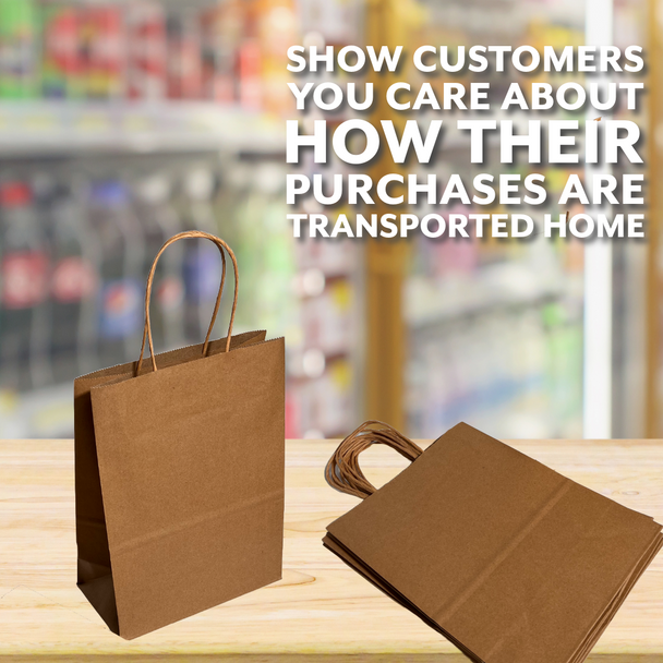 250 Bags - Custom Branded 8.25" x 4.33" x 10.6"  Recycled Kraft Paper Shopping Bag