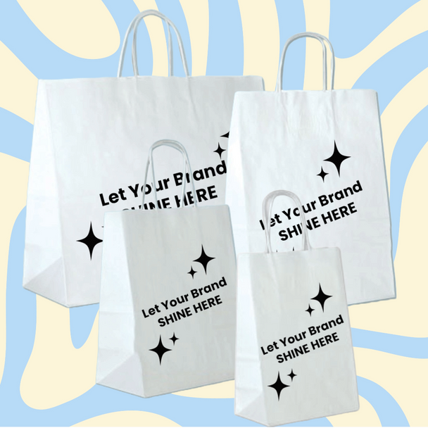 250 Bags - Custom Branded White Paper Shopping Bags -8.25" x 4.33" x 10.6"