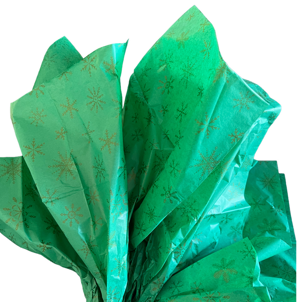 BLACK FRIDAY DEALS - Gold Snowflakes on Dark Green Tissue - 100 Sheets