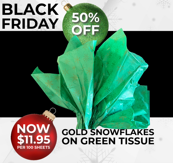 BLACK FRIDAY DEALS - Gold Snowflakes on Dark Green Tissue - 100 Sheets