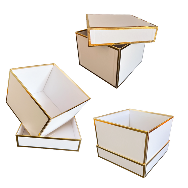 Rigid Set-Up Boxes - 6" x 6" x 4-1/2" White with Gold Metallic Trim (10/Case)