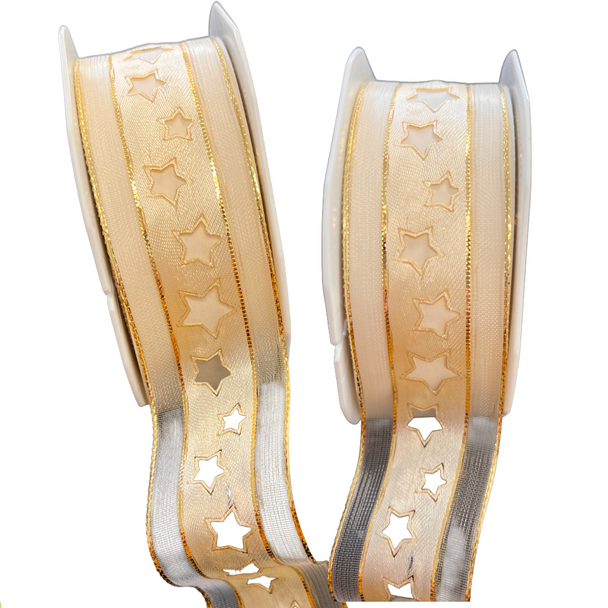 20 Yards - Ivory Stars Organza & Satin Wired Ribbon - 1-1/2" Width