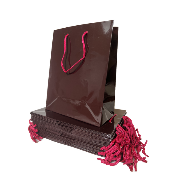 25 Bags - 25 Bags - Burgundy Gloss Laminated Euro Paper Bags - 8" x 4" x 10"