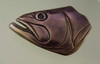 Bass fish portrait buckle showing the brown patina on the bronze buckle
