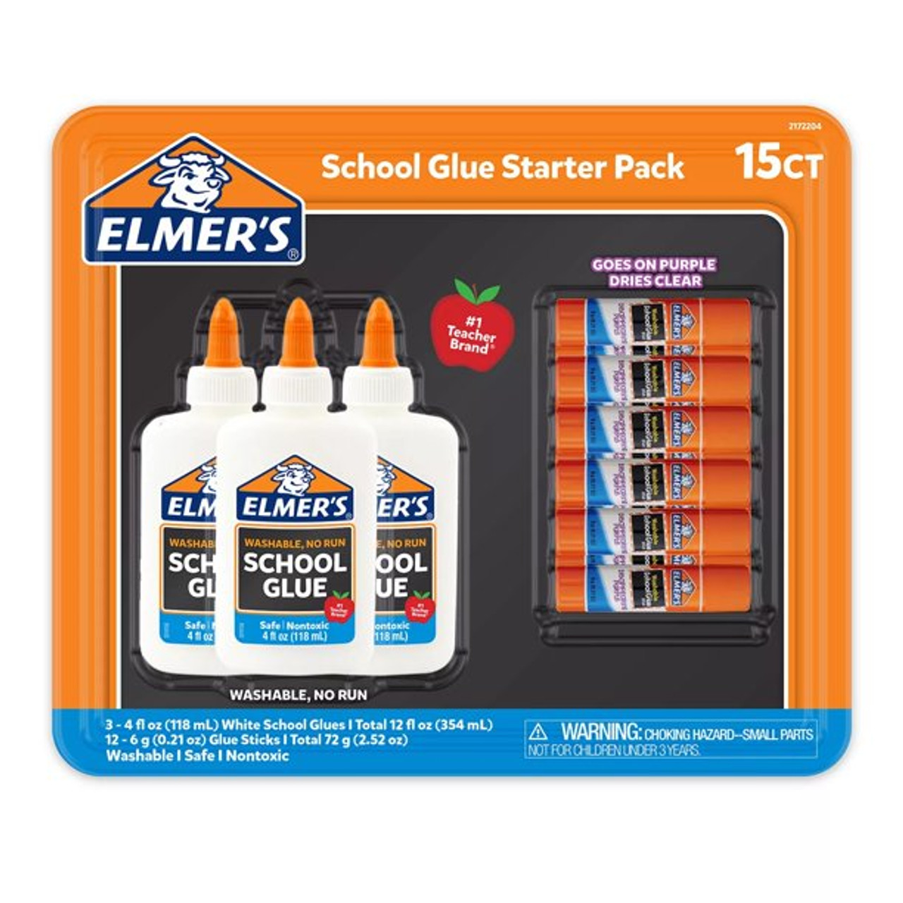 Elmer's School Glue Goes On Purple Dries Clear Washable Safe NEW