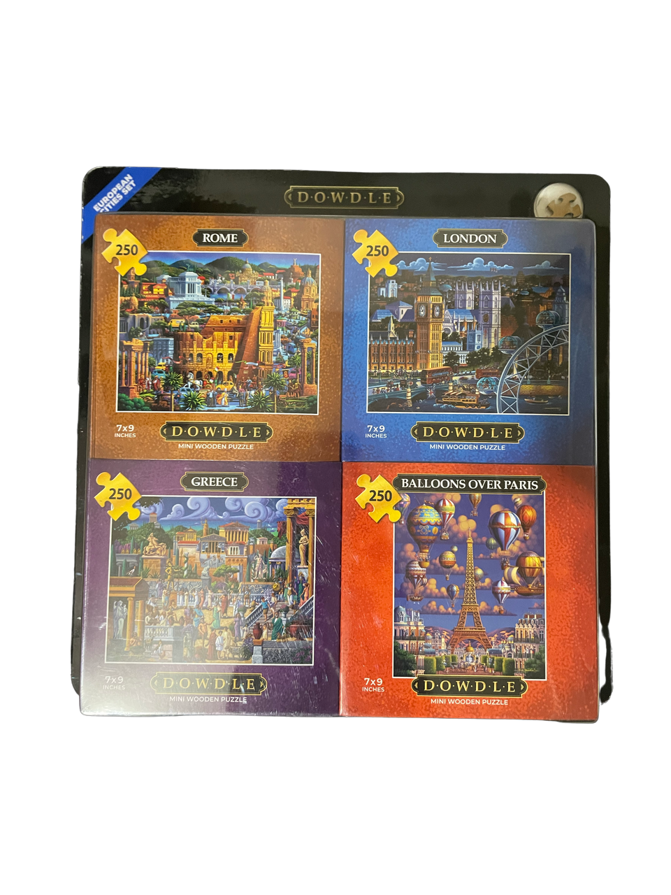 DOWDLE 4Pack 250 Piece Mini Wooden Puzzles & Tray (European cities set)