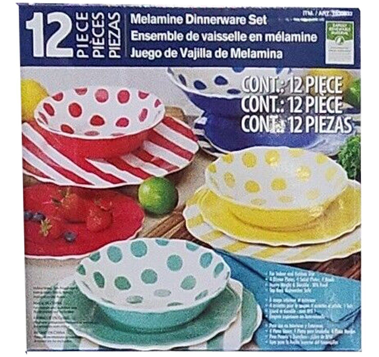 12 Piece Melamine Dinnerware Set, Multicolor