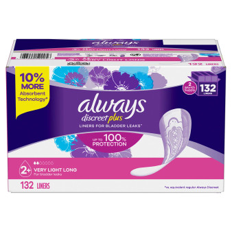 Always Discreet plus, Incontinence Liners for Women, Very Light Absorbency, Long Length, (132 ct.)
