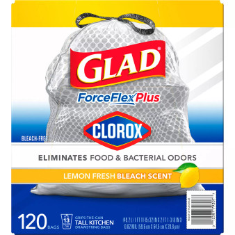 Glad Tall Kitchen Drawstring Grey Trash Bags? ForceFlex Plus With Clorox, Lemon Fresh Bleach Scent (13 gal., 120 ct.)