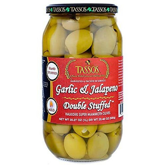 Tassos Garlic & Jalapeno Double Stuffed Super Mammoth Olives 1 Glass Jar