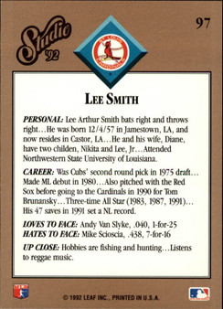 1992 Studio Baseball Card #97 Lee Smith