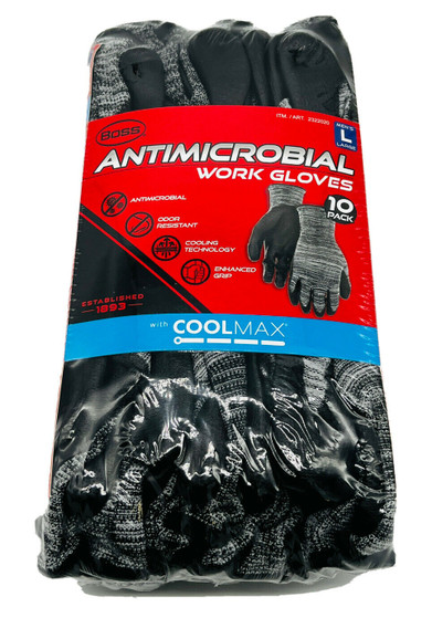 Boss Antimicrobial Work Gloves 10 Pack Men’s Size LARGE Wt Cool Max Technology Boss Antimicrobial Work Gloves 10 Pack Men’s Size LARGE Wt Cool Max Technology