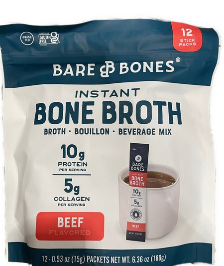 Bare Bones Instant Powdered, 10G Protein, Bone Broth Beverage Mix Packets -Beef, 6.36 oz, 12 Count