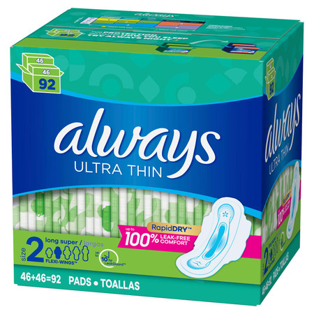 Always Ultra Thin Pads Size 2 Super Long Absorbency Unscented with Wings 92 count