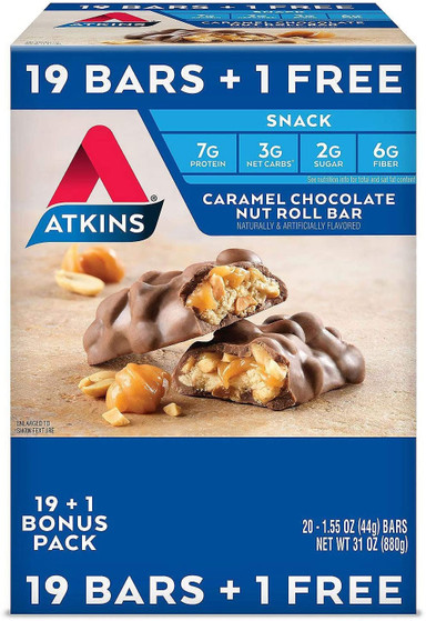 Atkins Snack Caramel Chocolate Nut Roll Pack (19 + 1 Bonus Bar)