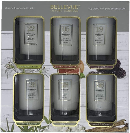 Bellevue 6-Piece Luxury Candle Set Soy Blend Scented Candles Infused with Essential Oils
