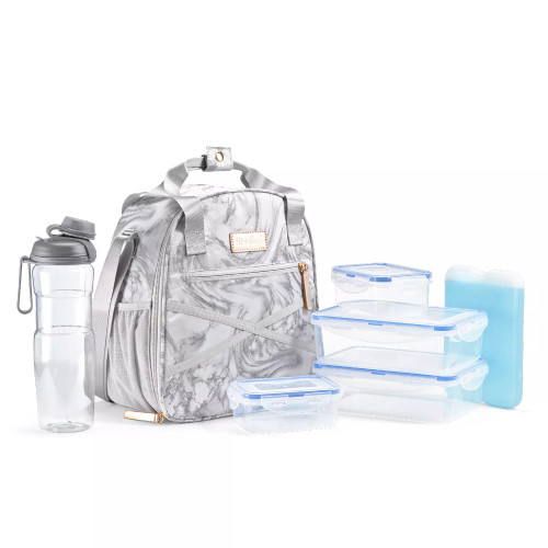 White/gray marble lunch bag with 4 containers, water bottle, and XL ice pack