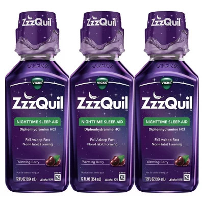 ZzzQuil Nighttime Sleep Aid, 3-12 bottles. warming berry flavor