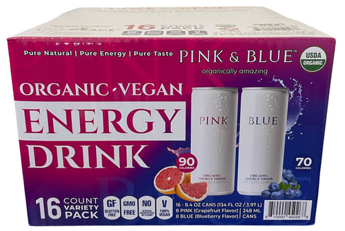 Pink & Blue Organic Vegan Energy Drink, Variety, 8.4 Fluid Ounce (Pack of 16)