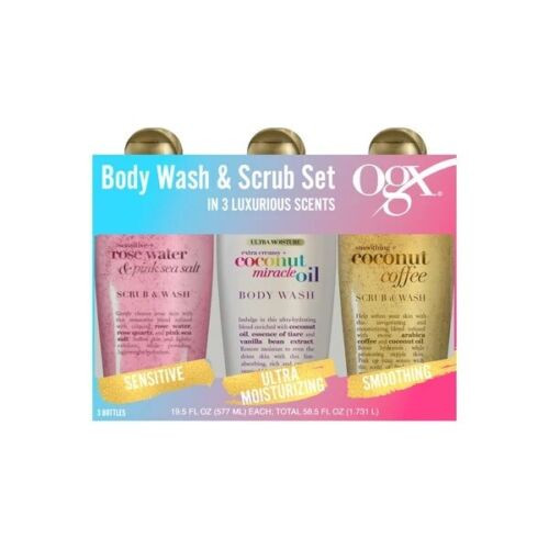 Ogx Body Wash & Scrub Set, 19.5 Fluid Ounce (Pack of 3)