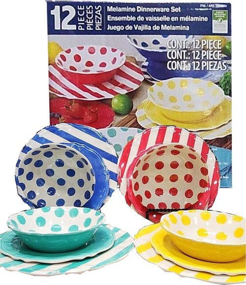 12 Piece Melamine Dinnerware Set, Multicolor