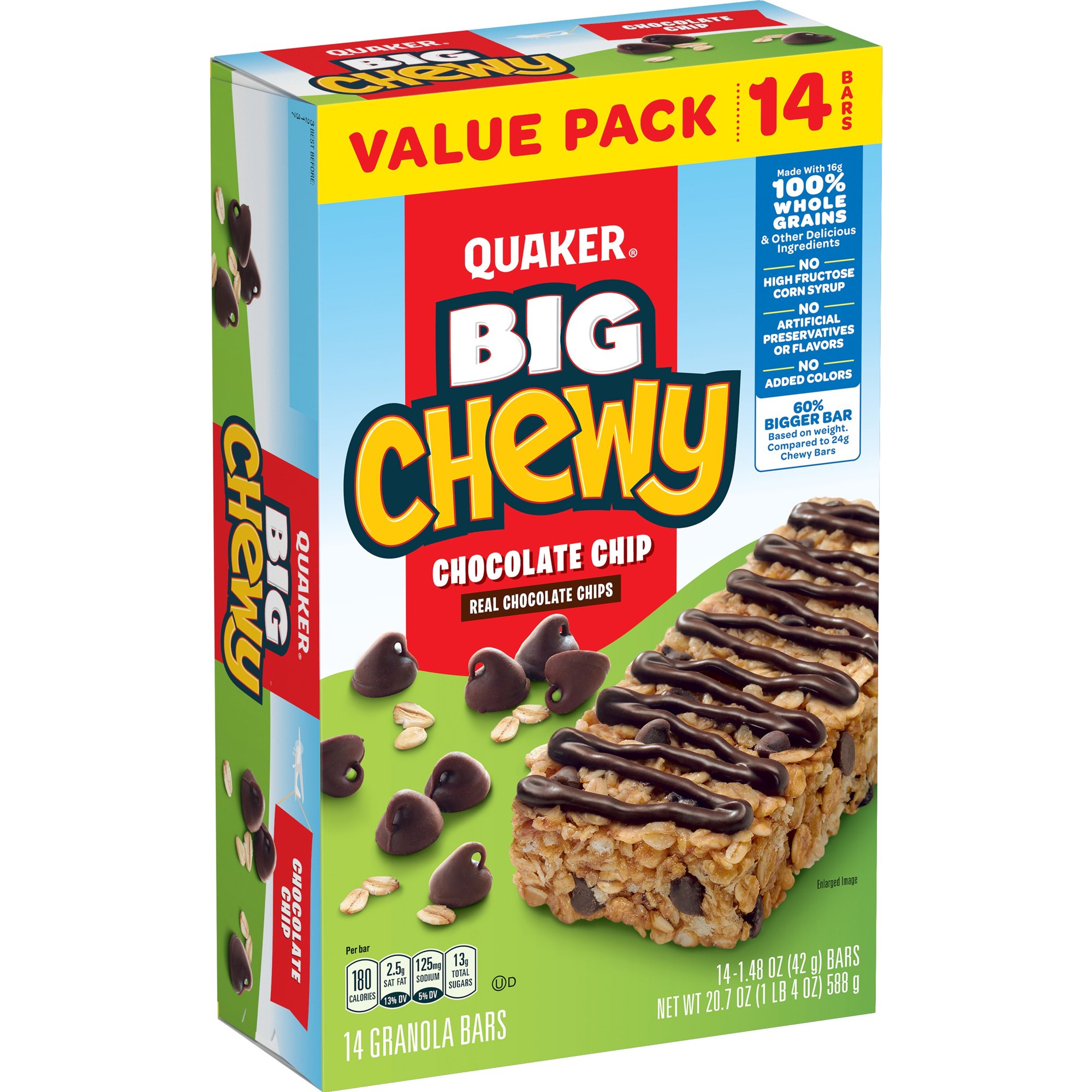 Quaker Big Chewy Granola Bars, 60% Larger, Chocolate Chip, (14 Pack)