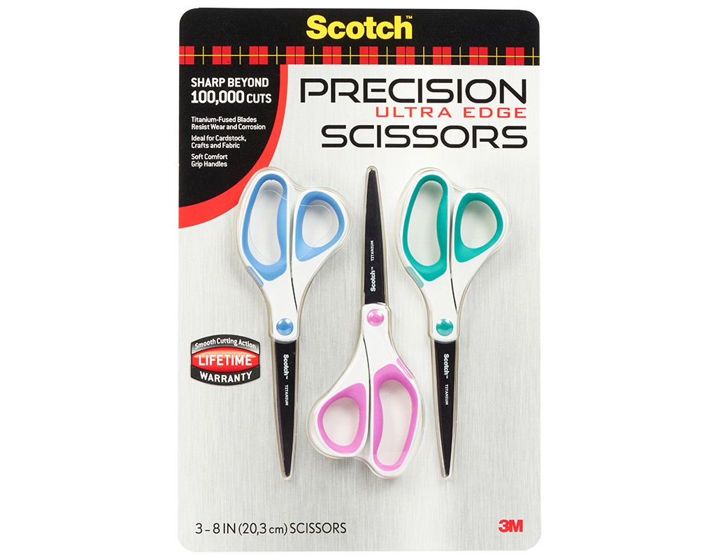 Scotch Precision Ultra Edge Scissors, 8 in., Assorted Colors, 3 Count