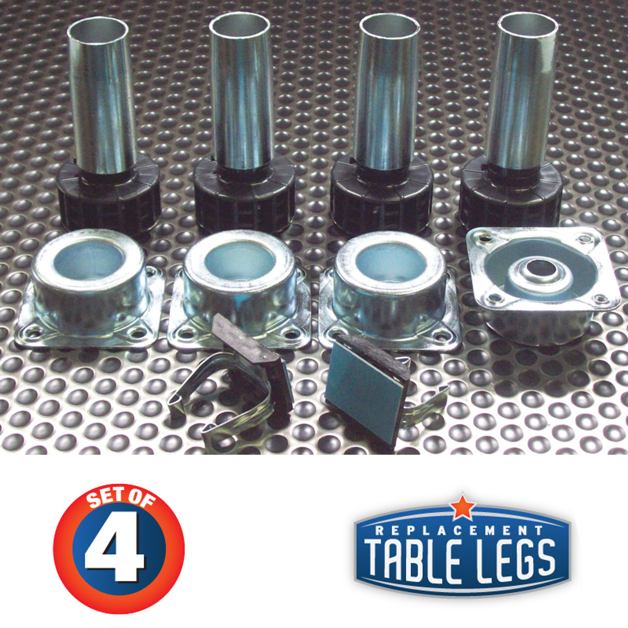 SET OF 4, 2 piece  Metal levelers, 3-3/4"-4-3/4", with 1" ABS adjustable foot, 4 metal sockets, and 2 adhesive toe kick clips