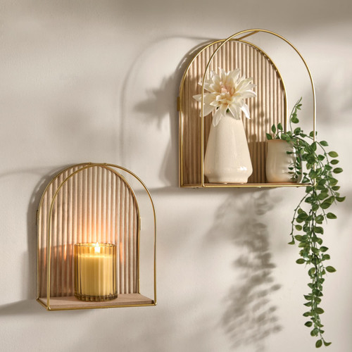 Arlo Set of 2 Arch Shelves - Oak & Gold