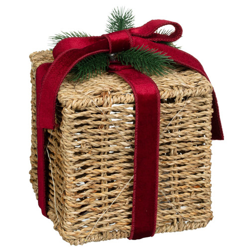 Pre Lit Seagrass Parcel with Red Velvet Bow & Foliage
