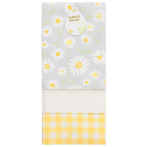 Natural Bloom Daisy Printed Tea Towels 3pk
