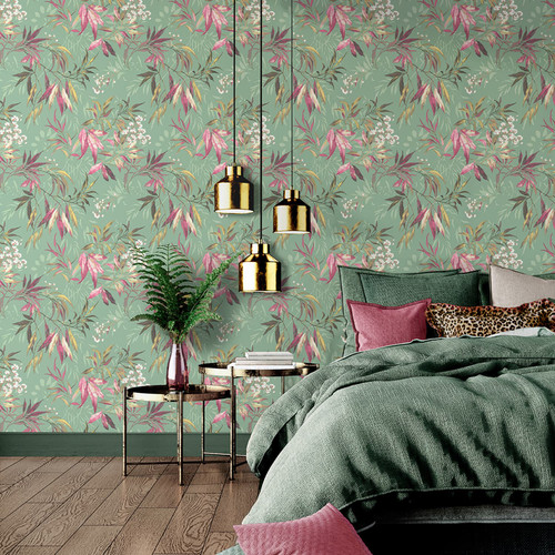 Kanata Leaf Wallpaper - Pink & Sage