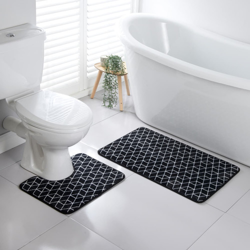 Supersoft 2 Piece Geometric Bathmat Set - Black