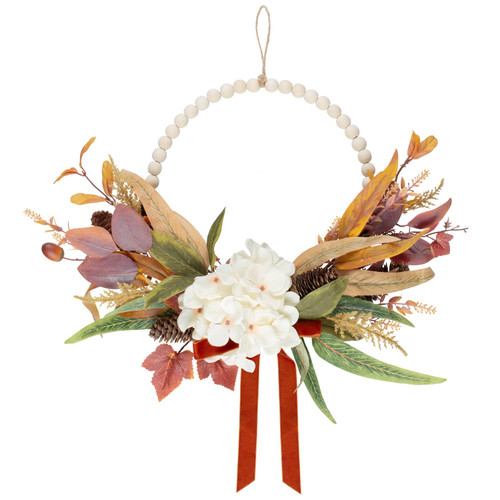 Autumn Hydrangea Hoop Wreath with Wood Beads