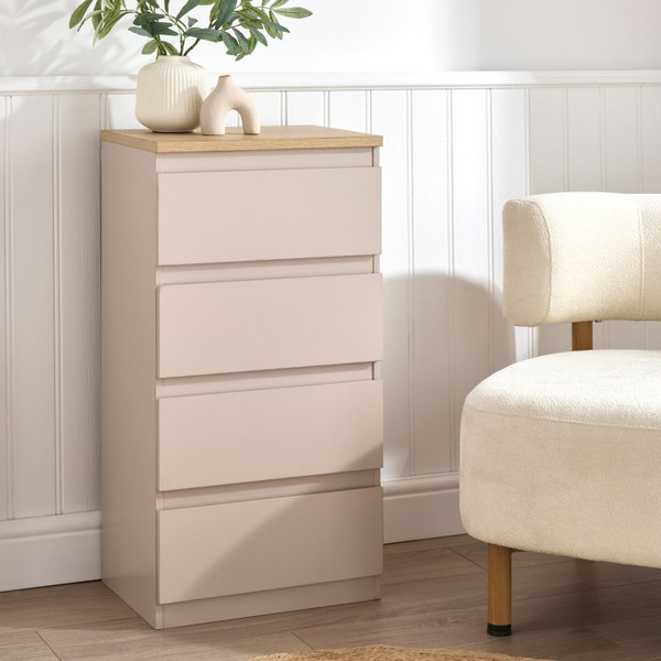 Sienna Oak Effect Narrow 4 Drawer Chest - Cashmere