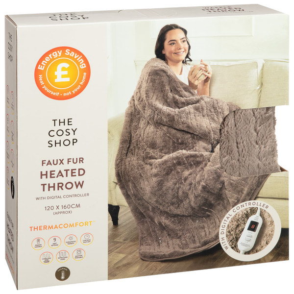 The Cosy Shop Faux Fur Heated Throw - Brown