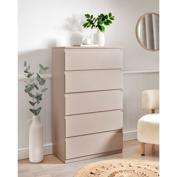 Sienna Oak Effect 5 Drawer Chest - Cashmere