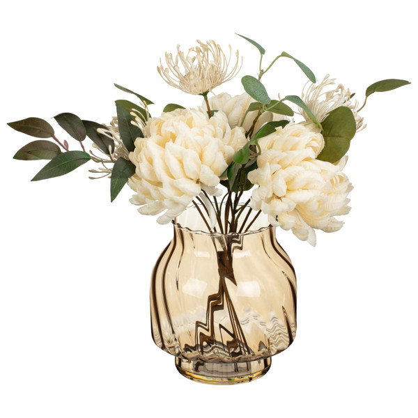 Ribbed Glass Tinted Vase with Cream Flowers