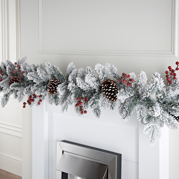 Snowy Garland With Berries & Cones 180cm