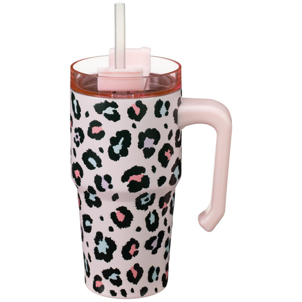 Double Wall Stainless Steel Tumbler with Straw & Handle 450ml - Leopard Print