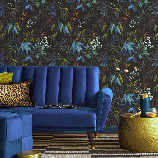 Kanata Leaf Wallpaper - Blue & Black