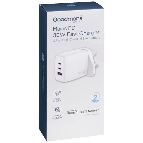 Goodmans Mains PD 3 Port 30W USB Fast Charger