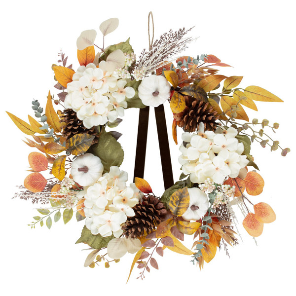 Cream Pumpkin and Hydrangea Wreath with Bow