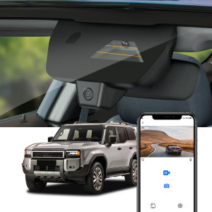 A Split View of a Land Cruiser exterior and a close-up interior shot of the FitCamX OEM-look integrated dash cam installed in the same vehicle. A Split View of a Land Cruiser exterior and a close-up interior shot of the FitCamX OEM-look integrated dash cam installed in the same vehicle.