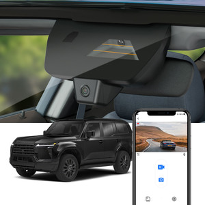 A 4k OEM-look dash cam designed for the GX550 Land Cruiser showing both the interior view and the vehicle it's installed on. In the corner, the phone app is shown. A 4k OEM-look dash cam designed for the GX550 Land Cruiser showing both the interior view and the vehicle it's installed on. In the corner, the phone app is shown.