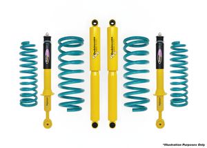A yellow & teal Dobinsons suspension lift kit for the 2024+ Toyota Land Cruiser 250 series. A yellow & teal Dobinsons suspension lift kit for the 2024+ Toyota Land Cruiser 250 series.