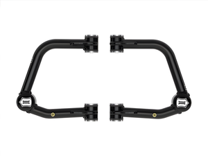 A pair of black powder coated tubular upper control arms (UCAs) for a 2024+ Toyota Land Cruiser over a plain white background. A pair of black powder coated tubular upper control arms (UCAs) for a 2024+ Toyota Land Cruiser over a plain white background.