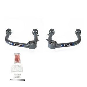 Peak Suspension's upper control arm kit for the 250 series Toyota Land Cruiser, featuring grease fittings, dual-durometer bushings, and teflon-coated uniball joints for increased durability and performance off road. Peak Suspension's upper control arm kit for the 250 series Toyota Land Cruiser, featuring grease fittings, dual-durometer bushings, and teflon-coated uniball joints for increased durability and performance off road.